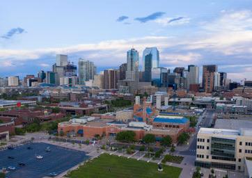 Aerial view of Auraria Campus and Downtown Denver.