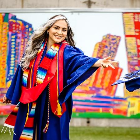 Graduate Nayeli Cisneros tosses her graduation cap to celebrate commencement.