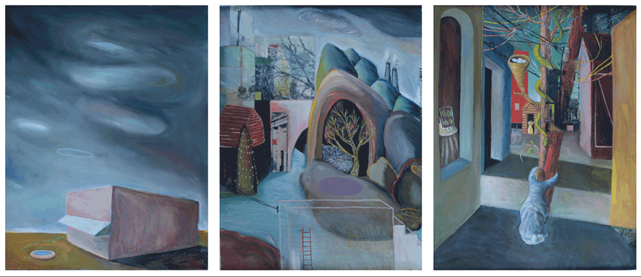 Thulson: One Hundred Famous Views. Painted artwork of surreal landscapes in 3 different alleyways.