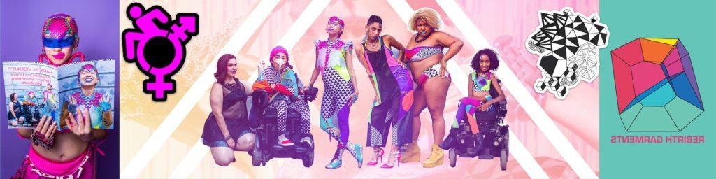 Rebirth Garments banner, featuring QueerCrip models and designer Sky Cubacub