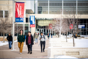 Students walking across campus on the first day of the Spring semester 2024.